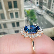 Unique Diamond Wreath Sapphire Ring with Marquise & Round Diamonds Engagement Ring Shown On Hand