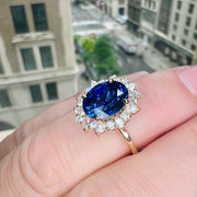 Unique Diamond Wreath Sapphire Ring with Marquise & Round Diamonds Engagement Ring Shown On Finger