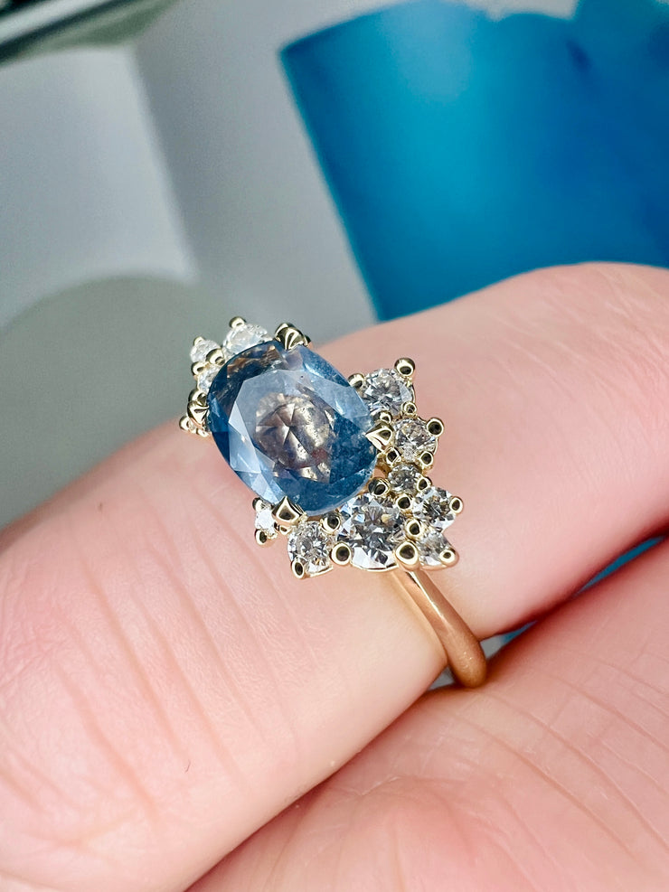 Astra Natural Blue Sapphire Asymmetrical Cluster Engagement Ring Success Shown On Finger