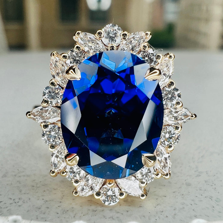 Unique Diamond Wreath Sapphire Ring with Marquise & Round Diamonds Engagement Ring