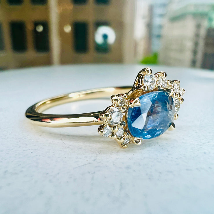 Astra Natural Blue Sapphire Asymmetrical Cluster Engagement Ring Side View