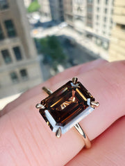 Lenka Natural Emerald Cut Champagine Diamond Engagement Ring - Yellow Gold - (2.82ct) Shown On Finger above 5th avenue NYC