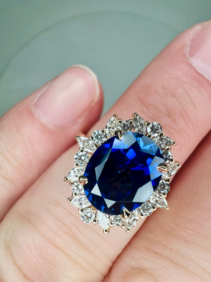 Unique Diamond Wreath Sapphire Ring with Marquise & Round Diamonds Engagement Ring Shown On Finger