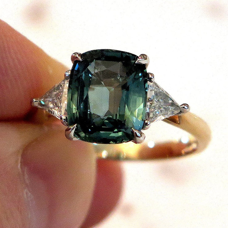 Breeya 4Carat Blue Green Sapphire Engagement Ring Mixed Metal Three Stone Trillion Diamonds Dana Walden Bridal